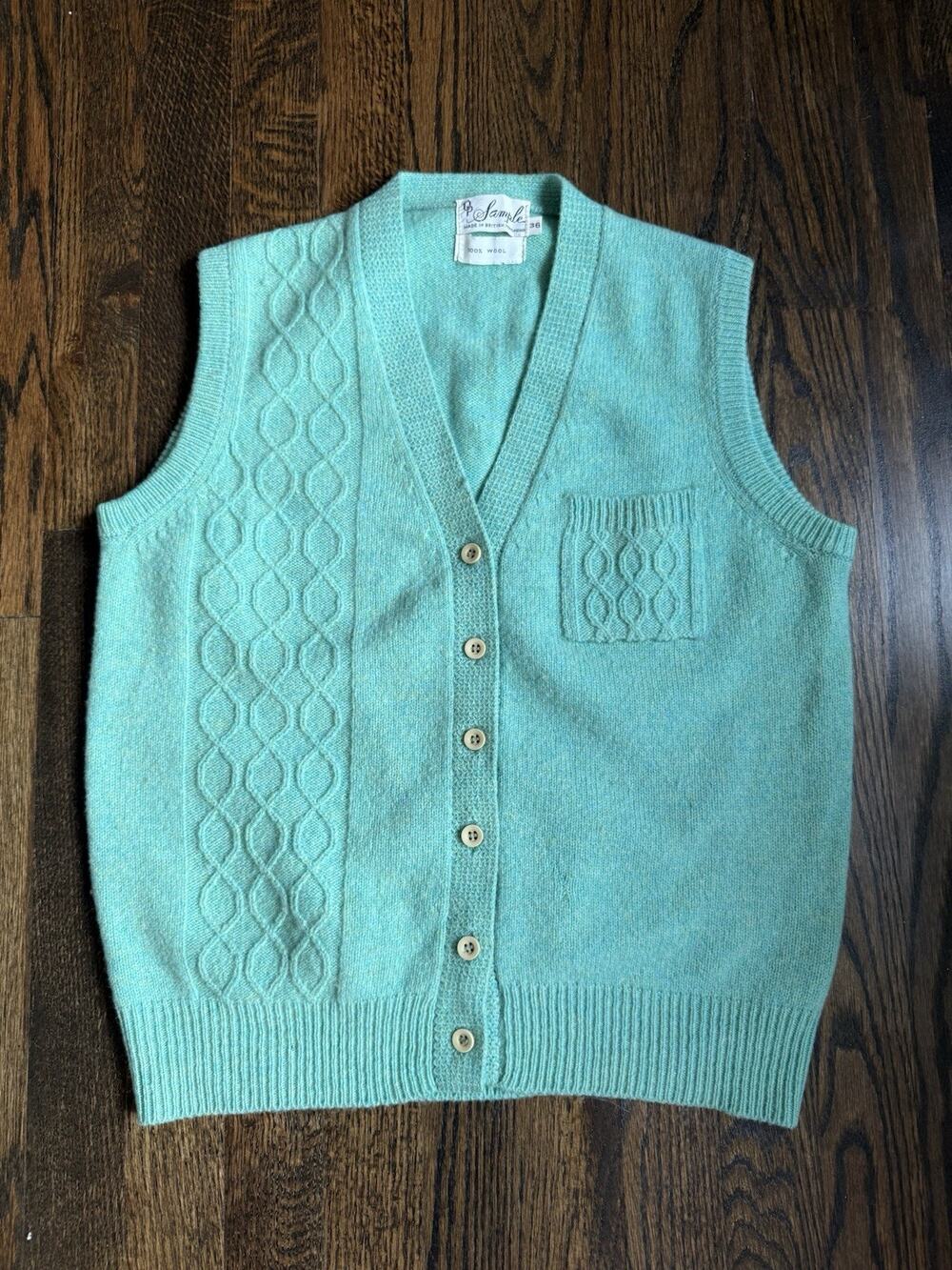 OP Sample 100% Wool Aqua Sweater Vest Vintage Made In British Hong Kong 36